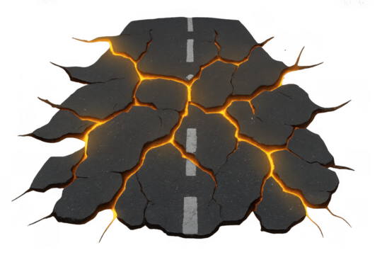 Cracked asphalt road with molten lava fissures