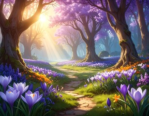 Enchanting forest pathway illuminated by sunlight with vibrant purple flowers
