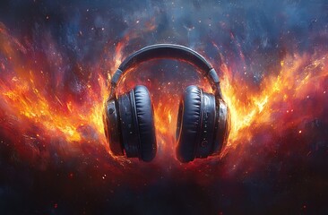Immersive headphones surrounded by vibrant cosmic nebulae and fiery explosions, symbolizing powerful audio experiences and artistic expression