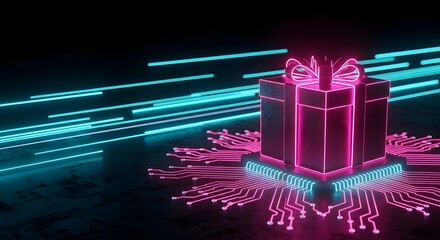 Glowing neon gift box on a futuristic circuit board with abstract light streaks in the background