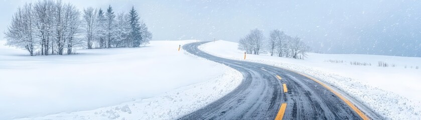 Obraz premium Snowy winding road in winter landscape surrounded by trees under soft snowfall with foggy atmosphere in serene nature.