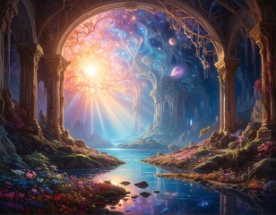 Enchanting landscape with celestial archway, vibrant light, and otherworldly scenery
