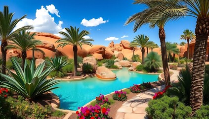Vibrant desert oasis with turquoise pool lush palm trees and red rock formations under a blue sky.