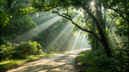Obraz premium Sunbeams filter through lush green forest canopy onto a dirt path