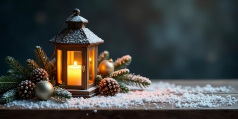A snow-dusted lantern illuminates a festive winter scene, nestled amidst evergreen boughs, pinecones, and shimmering ornaments on a rustic wooden surface.