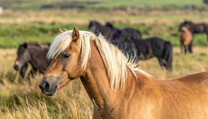 Obraz premium Light brown horse in field with other horses