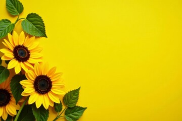 Vibrant Yellow Background Featuring Sunflowers and Lush Green Foliage Arranged in a Corner Composition