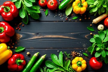 Vibrant Fresh Vegetables and Herbs Arranged on Dark Wooden Surface, Ideal for Culinary or Food-Related Designs