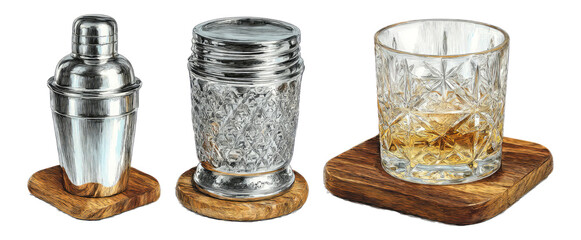 Stylish Barware Set with Shaker, Glass, and Decanter on Coaster