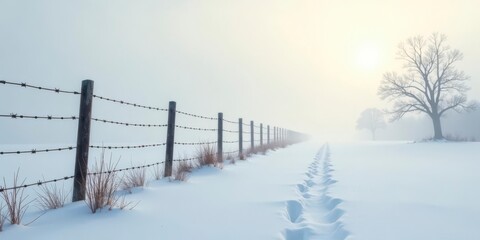 Serene winter landscape featuring a snow-covered path alongside a barbed wire fence, leading towards a solitary tree in the misty distance.