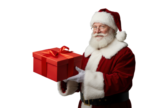 A professional Santa Claus, a mature caucasian man in a luxurious red velvet suit, presents a vibrant red gift box on a transparent background, holiday giving concept