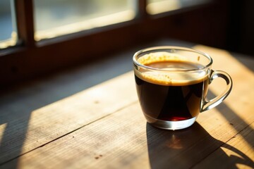 Aromatic Dark Roast Coffee in a Glass Cup on Wooden Surface Basking in Sunlight