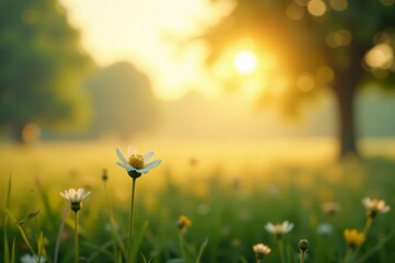Golden Hour Bloom A Single White Wildflower Stands Tall in a Field of Green, Bathed in the Warm Glow of the Setting Sun, a Peaceful and Serene Natural Scene