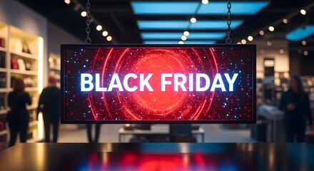 Black friday sale announcement displayed on a digital screen in a retail store, promoting discounts and shopping