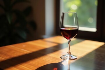 A glass of red wine sits on a sunlit wooden table near a window, bathed in warm, natural light, creating a serene and inviting atmosphere.