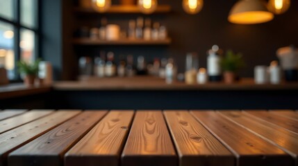 Rustic Wooden Tabletop with Blurred Background of a Cozy Establishment Featuring Shelves and Warm Lighting
