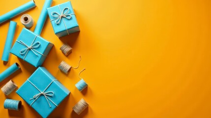 Brightly colored presents and packaging supplies on a vibrant yellow background