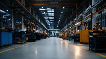 An expansive industrial warehouse showcasing advanced machinery and robotics, highlighting the modernization of manufacturing in a well-lit, organized environment.