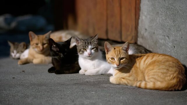A serene scene featuring five cats relaxing peacefully in the sunlight, showcasing their distinct fur patterns and colors against a rustic background.