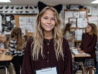 A young girl wearing a cat ears headband holding a clipboard