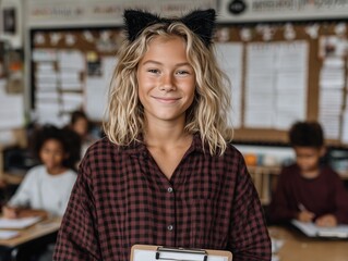 A young girl wearing a cat ears headband holding a clipboard in a classroom