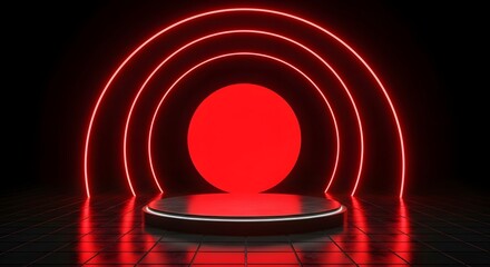 A futuristic neon stage with concentric red circles and a glowing red sphere in the center, set against a dark background