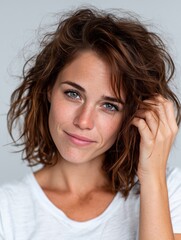 A woman with curly hair and blue eyes posing for a picture