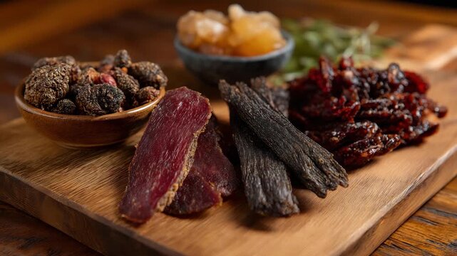 A savory display of assorted dried meats and snacks artfully arranged on a wooden board, perfect for sharing and enjoying flavors of traditional culinary delicacies.