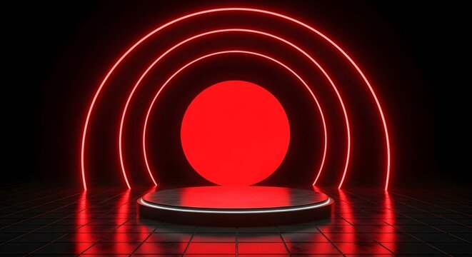 A futuristic neon stage with concentric red circles and a glowing red sphere in the center, set against a dark background