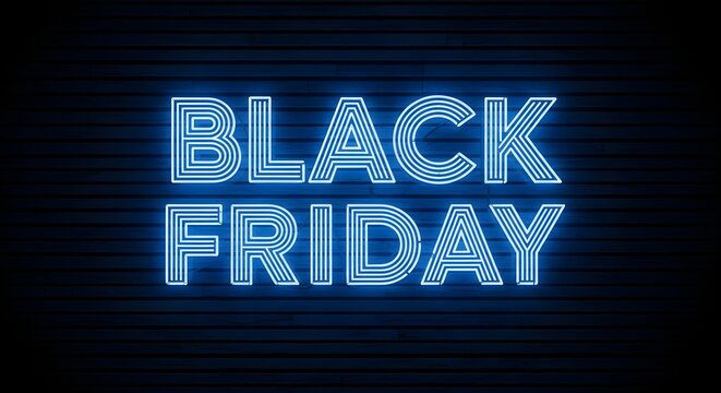 Blue neon sign glowing on a dark background with the text black friday, representing a sale event - Powered by Adobe
