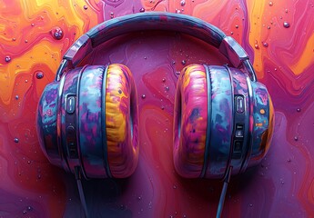Vibrant headphones with psychedelic colors in abstract background, concept of music and sound