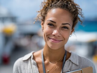 A woman holding a clipboard and smiling at the camera