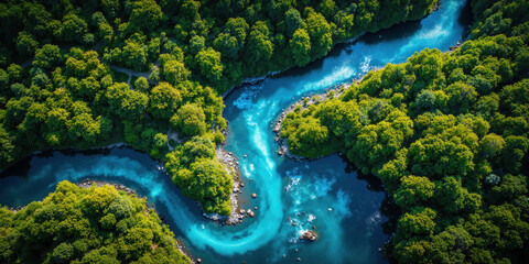 Aerial View of a Winding River Cutting Through Lush Green Landscapes A breathtaking natural abstract composition showcasing a winding blue