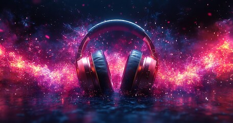 Immersive audio experience with glowing headphones surrounded by cosmic nebulae and vibrant energy bursts