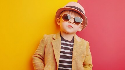 Stylish Young Boy with Sunglasses, Hat, and Striped Jacket Against Vibrant Backdrop