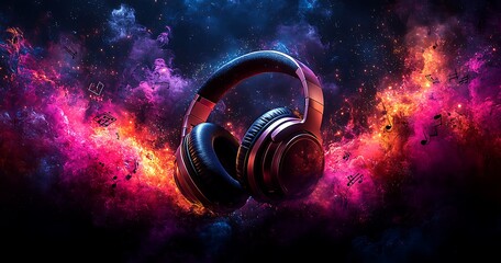 Immersive Soundscapes Experience Music with Cutting-Edge Headphones Amidst Vibrant Cosmic Hues