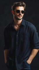 Stylish Young Man with Sunglasses in Black Shirt Against Dark Background Portrait