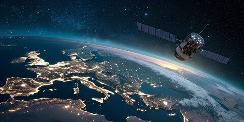 Satellite orbiting Earth above illuminated Europe at night
