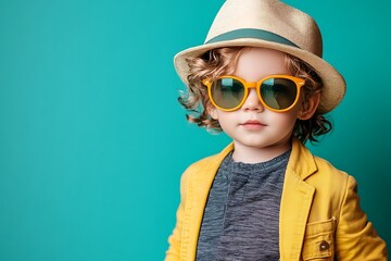 Trendy Little Boy in Yellow Blazer, Straw Hat, and Orange Sunglasses on Teal Background