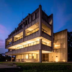 Modern concrete building at twilight