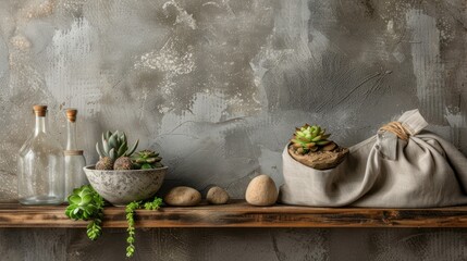 Decorative Succulent Plants Items on Wooden Shelf in Minimalist Interior