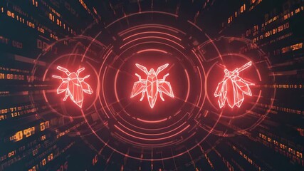 Glowing Red Digital Bug Icons on Circuit Board Interface Cyber Security, Malware Detection, Virus Warning Technology Concept - Powered by Adobe