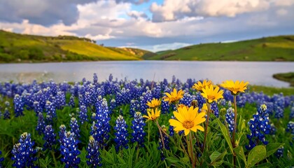 Lake with bluebonnets and yellow flowers