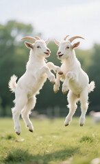 Fototapeta premium Two playful white goats leaping in the air on a grassy field with a soft green background