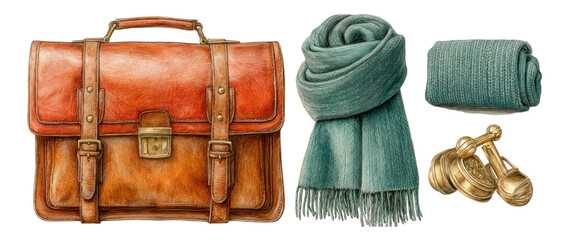 Stylish Accessories Including Bag, Scarf, and Textile Roll