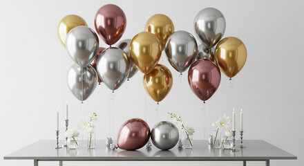 A collection of metallic balloons in gold, silver, and rose gold, floating above a table setting
