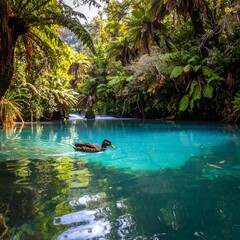 Duck Swims in a Crystal-Clear Turquoise Spring