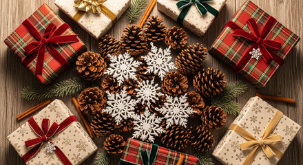 A festive arrangement of christmas gifts, pine cones, snowflakes, and fir branches