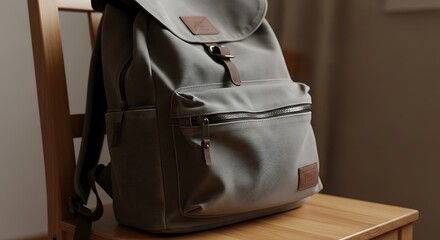 Olive Green Canvas Backpack on Wooden Chair.