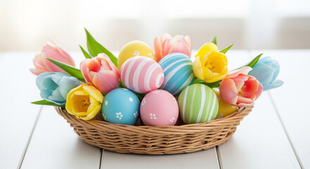 Easter basket filled with colorful decorated eggs and tulips on a white wooden table